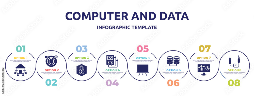 computer and data concept infographic design template. included domotics, digital campaign, unsecure, diagtic tool, projector screen, database storage, web analytics, jack icons and 8 option or