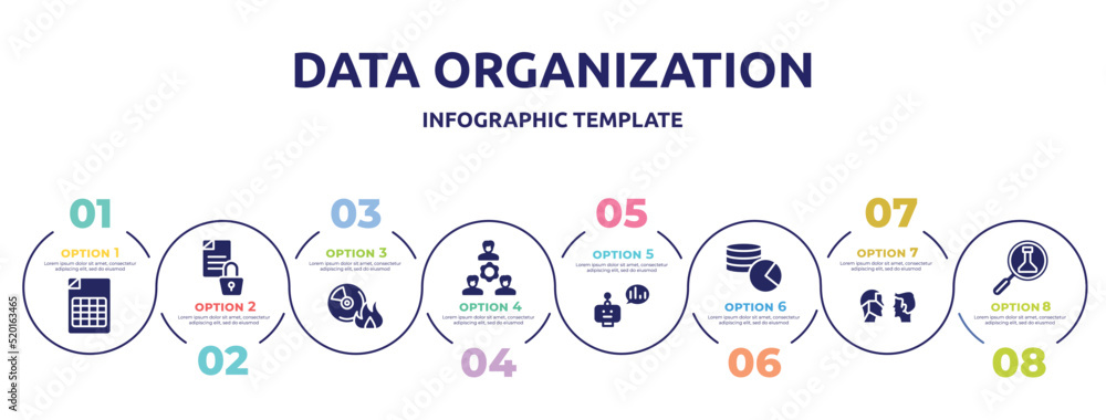 data organization concept infographic design template. included spreedsheet, encrypted data, burn cd, work team, prediction, database usage, turing test, science research icons and 8 option or data organization concept infographic design template. included spreedsheet, encrypted data, burn cd, work team, prediction, database usage, turing test, science research icons and 8 option or