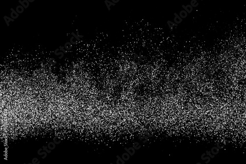 Abstract white grainy texture isolated on black background. Dust overlay textured. Grain noise particles. Snow effects. Design element. Vector illustration, EPS 10. 