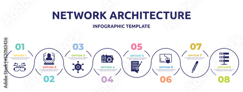 network architecture concept infographic design template. included vr goggles, hologram, nanotechnology, mainboard, blogging, mouse pad, digital pen, hosting server icons and 8 option or steps.