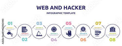 web and hacker concept infographic design template. included safe driving, corrupt file, conveyor belt, target audience, wireless mouse, robot vacuum cleaner, server traffic, backdoor icons and 8