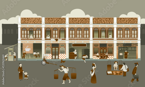 Shop house and people in the old times.  In vintage color mode.