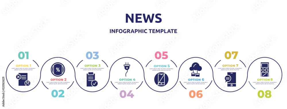 news concept infographic design template. included dissatisfaction, ratio, approval, cord, no cellphone, cloud service, mobile chat, audio recorder icons and 8 option or steps. news concept infographic design template. included dissatisfaction, ratio, approval, cord, no cellphone, cloud service, mobile chat, audio recorder icons and 8 option or steps.