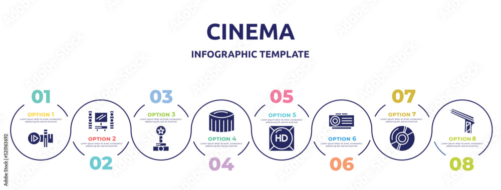 cinema concept infographic design template. included slow motion, home cinema, film award, zoetrope, hd, slide projector, dvd, hitman icons and 8 option or steps.