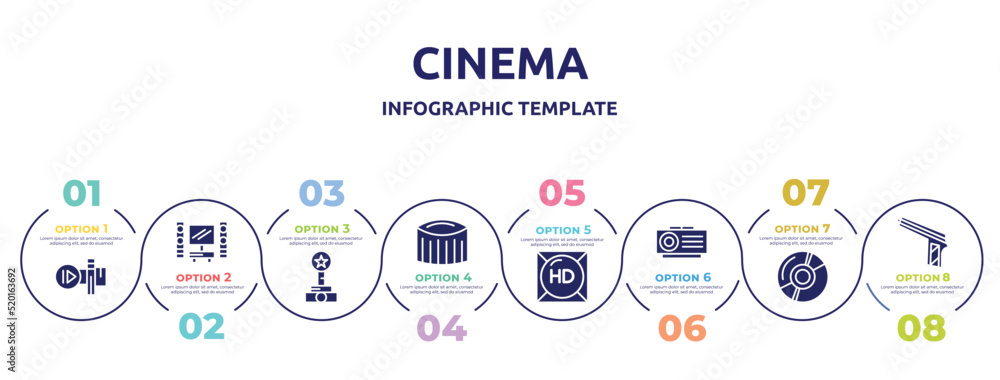 cinema concept infographic design template. included slow motion, home cinema, film award, zoetrope, hd, slide projector, dvd, hitman icons and 8 option or steps. cinema concept infographic design template. included slow motion, home cinema, film award, zoetrope, hd, slide projector, dvd, hitman icons and 8 option or steps.