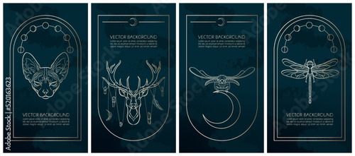 Set of golden mysterious vector illustrations for stories templates, mobile app, landing page, web design, posters. Occult magic background for astrology, fortune telling, tarot concept. Animal spirit