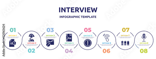 interview concept infographic design template. included complaint, reporter, spam, dictionary, caution triangle, hear, battery level, recorder icons and 8 option or steps.