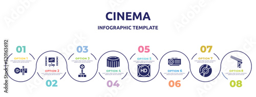 cinema concept infographic design template. included slow motion, home cinema, film award, zoetrope, hd, slide projector, dvd, hitman icons and 8 option or steps.