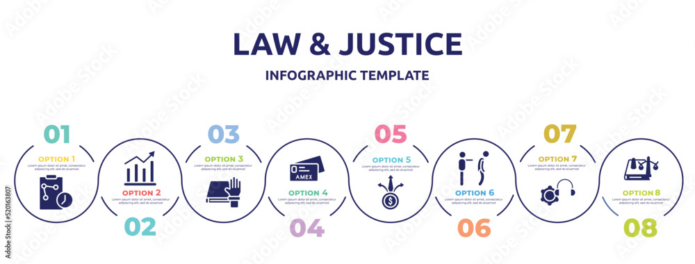 law & justice concept infographic design template. included real time strategy, demand, oath, , diversify, fired, technical support, law book icons and 8 option or steps. law & justice concept infographic design template. included real time strategy, demand, oath, , diversify, fired, technical support, law book icons and 8 option or steps.