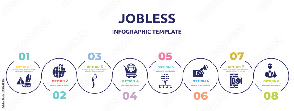 jobless concept infographic design template. included alerts, headquarters, depressed, world wide shopping, distribute, video marketing, withdraw, low icons and 8 option or steps.
