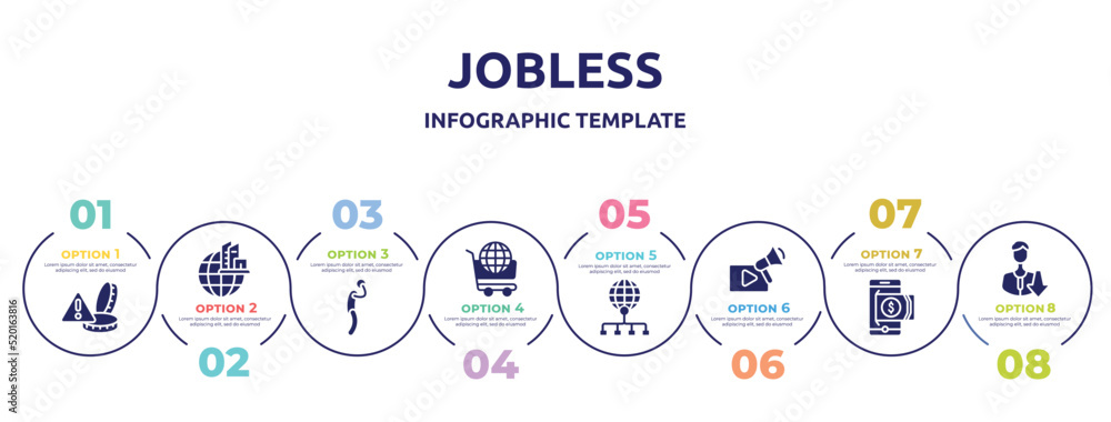 jobless concept infographic design template. included alerts, headquarters, depressed, world wide shopping, distribute, video marketing, withdraw, low icons and 8 option or steps. jobless concept infographic design template. included alerts, headquarters, depressed, world wide shopping, distribute, video marketing, withdraw, low icons and 8 option or steps.