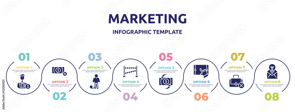 marketing concept infographic design template. included investors, no money, prisoner, police, return on investment, touch screen, unemployed, adventageous offer icons and 8 option or steps. marketing concept infographic design template. included investors, no money, prisoner, police, return on investment, touch screen, unemployed, adventageous offer icons and 8 option or steps.