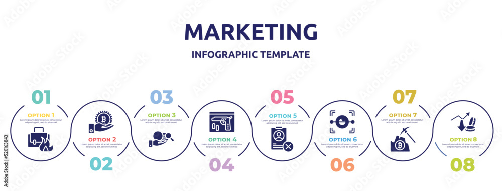 marketing concept infographic design template. included burning, receive, corruption, evidence, uneducated, eye scan, pick, profit growth icons and 8 option or steps.