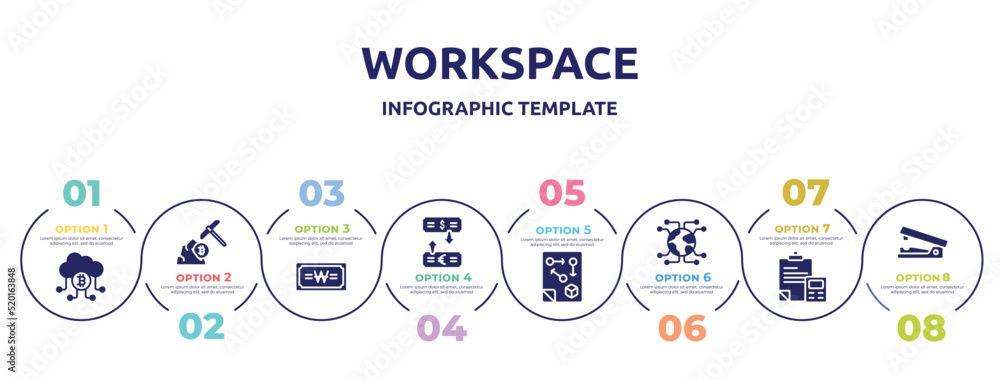 workspace concept infographic design template. included cloud mining, pickaxe, won, currency exchange, tactical, connector, formula, staple icons and 8 option or steps. workspace concept infographic design template. included cloud mining, pickaxe, won, currency exchange, tactical, connector, formula, staple icons and 8 option or steps.