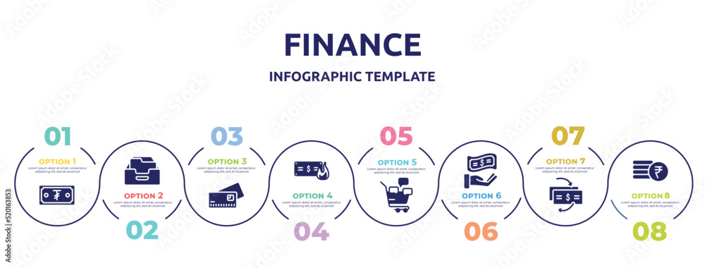 finance concept infographic design template. included tugrik, filing cabinet, credit cards, wasted money, social marketing, get money, cash flow, rupees icons and 8 option or steps.