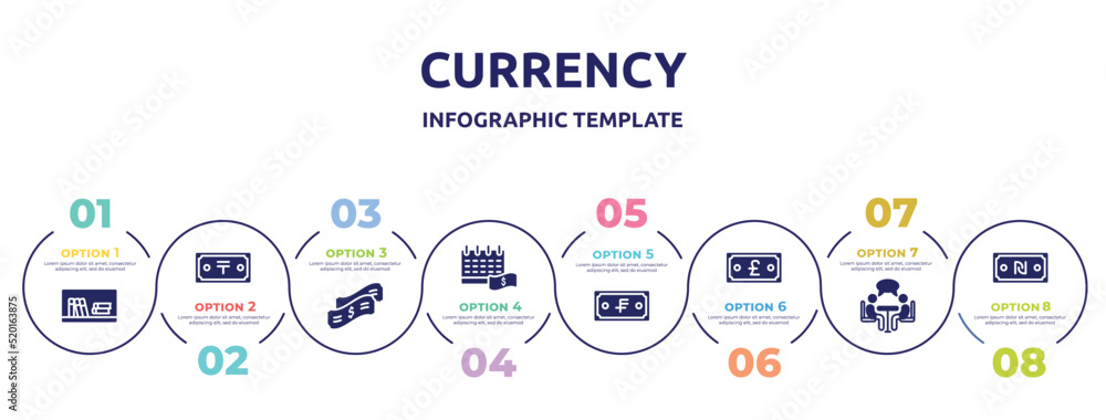 currency concept infographic design template. included book shelf, tenge, dollar bill, pay day, swiss franc, franc, negotiation, shekel icons and 8 option or steps.