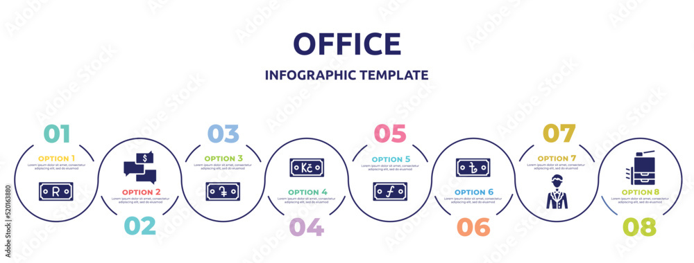office concept infographic design template. included rand, money talk, dram, koruna, guilder, taka, clerk, copy hine icons and 8 option or steps. office concept infographic design template. included rand, money talk, dram, koruna, guilder, taka, clerk, copy hine icons and 8 option or steps.