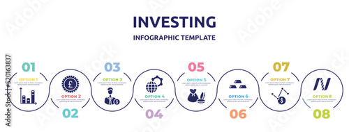 investing concept infographic design template. included bars, pound sterling, backer, official, capital, gold ingots, volatility, nasdaq icons and 8 option or steps.