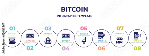 bitcoin concept infographic design template. included sticky note, generic, private key, riyal, office chair, bank statement, earnings, mobile banking icons and 8 option or steps.