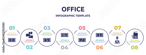 office concept infographic design template. included rand, money talk, dram, koruna, guilder, taka, clerk, copy hine icons and 8 option or steps.