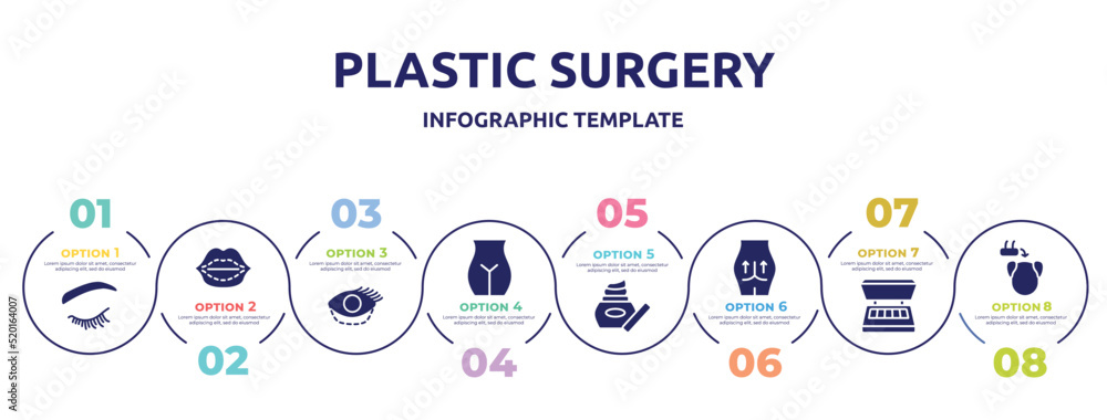 plastic surgery concept infographic design template. included eyelash, lip augmentation, blepharoplasty, , skin care, gluteus implant, eye shadow, hair transplant icons and 8 option or steps. plastic surgery concept infographic design template. included eyelash, lip augmentation, blepharoplasty, , skin care, gluteus implant, eye shadow, hair transplant icons and 8 option or steps.