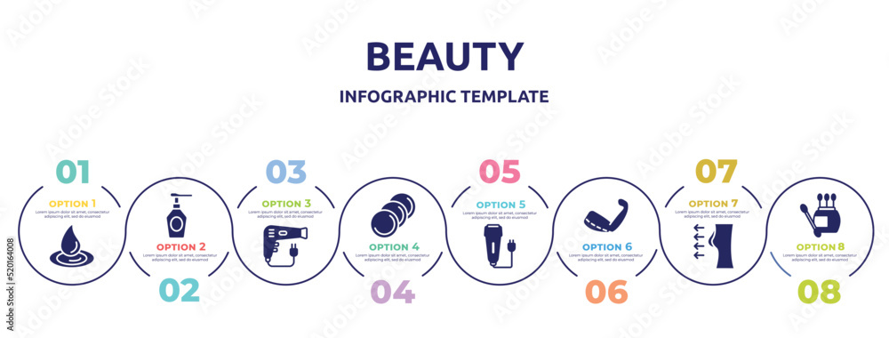 beauty concept infographic design template. included waterdrop, spray bottle, dryer, cotton discs, electric razor, brachioplasty, breast enlargement, earbuds icons and 8 option or steps. beauty concept infographic design template. included waterdrop, spray bottle, dryer, cotton discs, electric razor, brachioplasty, breast enlargement, earbuds icons and 8 option or steps.
