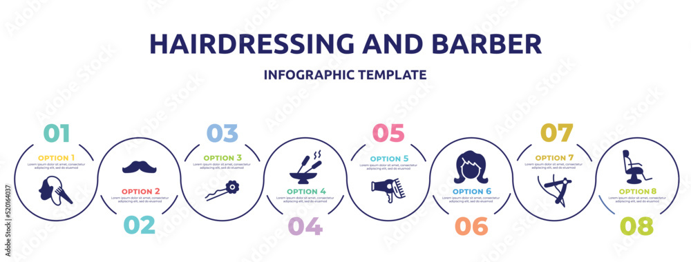 Fototapeta premium hairdressing and barber concept infographic design template. included hair dye, mustache, hairpin, incense, hairdryer and comb, woman hair, razor to cut hairs, barber chair icons and 8 option or