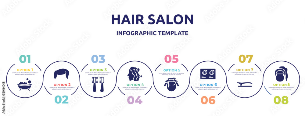 hair salon concept infographic design template. included bath salt bomb, boy hair shape, pets hair salon tools kit, treatment, curlers, color sample, , female head with ponytail icons and 8 option