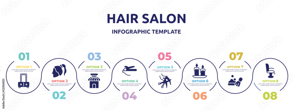 hair salon concept infographic design template. included dressing table, ponytail hair, barber shop, hair straighter and curler, haircut, wax, shaving foam, chair side view icons and 8 option or