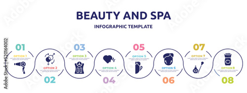 beauty and spa concept infographic design template. included hairdryer, sex reas, bathroom scale, hearts, otoplasty, genioplasty, eye, epilator icons and 8 option or steps.