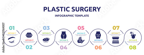 plastic surgery concept infographic design template. included eyelash, lip augmentation, blepharoplasty, , skin care, gluteus implant, eye shadow, hair transplant icons and 8 option or steps.