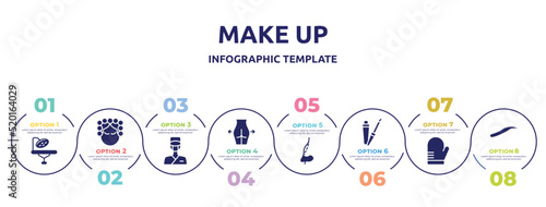 make up concept infographic design template. included operating table, hair curler, surgeon, gluteus, rhinoplasty, lip gloss, oven mitt, eyebrows icons and 8 option or steps.