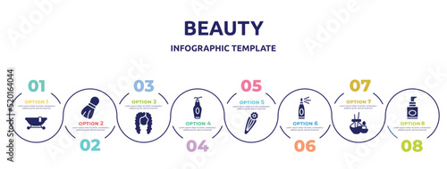 beauty concept infographic design template. included , shaving brush, curled black long female hair shape, face cleanser, barette, hairspray, aromatherapy, foundation icons and 8 option or steps.