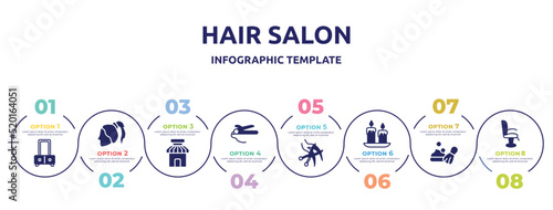 hair salon concept infographic design template. included dressing table, ponytail hair, barber shop, hair straighter and curler, haircut, wax, shaving foam, chair side view icons and 8 option or