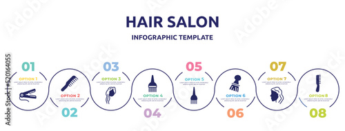 hair salon concept infographic design template. included hair straightener, hairdressing, woman with long hair, brush tool, dye brush, accesory, woman head side view, one comb icons and 8 option or
