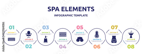 spa elements concept infographic design template. included toe separator, salon chair, hairtonic, paints, breast, avocado, bellybutton, washbowl icons and 8 option or steps.