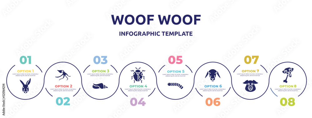 woof woof concept infographic design template. included kangaroo head, wild octopus, seashell conch, spots ladybug, silkworm, female sheep head, pig head, chewing bone for dog icons and 8 option or woof woof concept infographic design template. included kangaroo head, wild octopus, seashell conch, spots ladybug, silkworm, female sheep head, pig head, chewing bone for dog icons and 8 option or