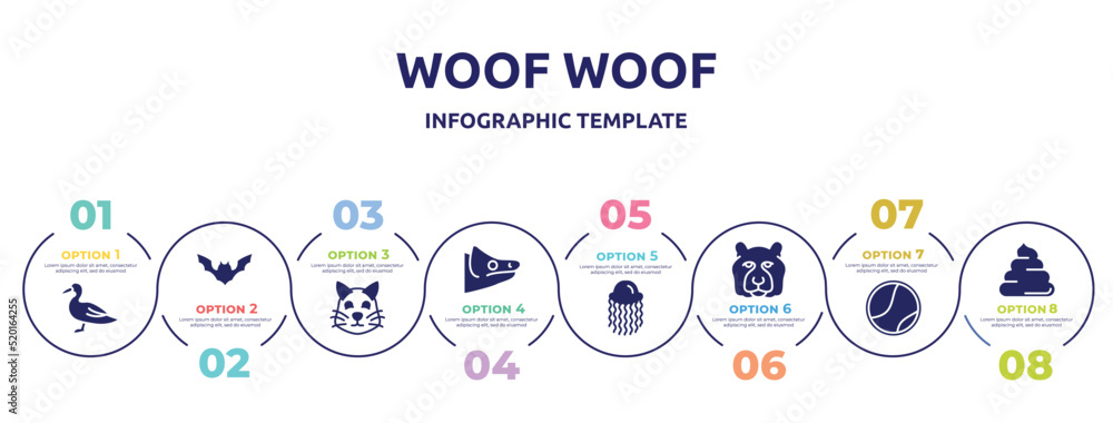 Fototapeta premium woof woof concept infographic design template. included wild duck, plain bat, pet cat, chameleon head, swimming jellyfish, tiger head, tennis ball, pile of dung icons and 8 option or steps.