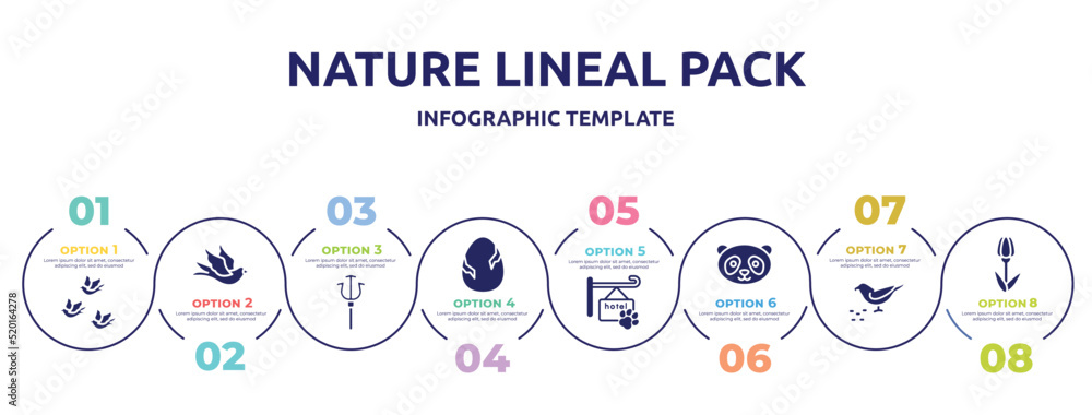 nature lineal pack concept infographic design template. included birds group, black bird, trident, egg with a crack, pet hotel, panda face, bird eating seeds, tulips icons and 8 option or steps.