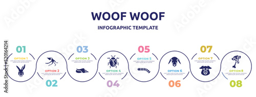 woof woof concept infographic design template. included kangaroo head, wild octopus, seashell conch, spots ladybug, silkworm, female sheep head, pig head, chewing bone for dog icons and 8 option or