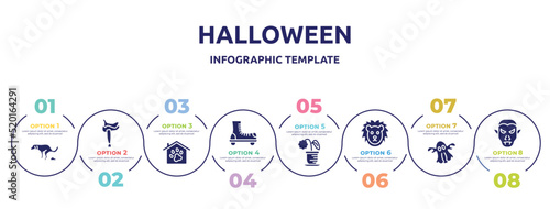 halloween concept infographic design template. included dog shitting, horse saddle, pet hotel, roller skate, flower pot, lion face, ghost, vampire icons and 8 option or steps.