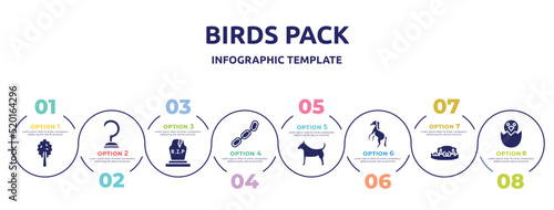 birds pack concept infographic design template. included plain tree, hook, tombstone, chains, plain dog, wild horse, dog resting, bird in broken egg icons and 8 option or steps.