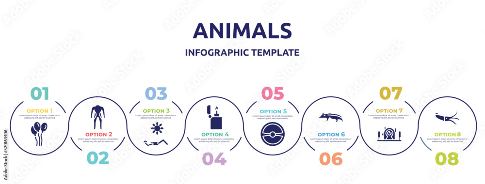 Fototapeta premium animals concept infographic design template. included balloons, diving suit, sunba, lighter, steering wheel, badger, underwater photography, squid icons and 8 option or steps.