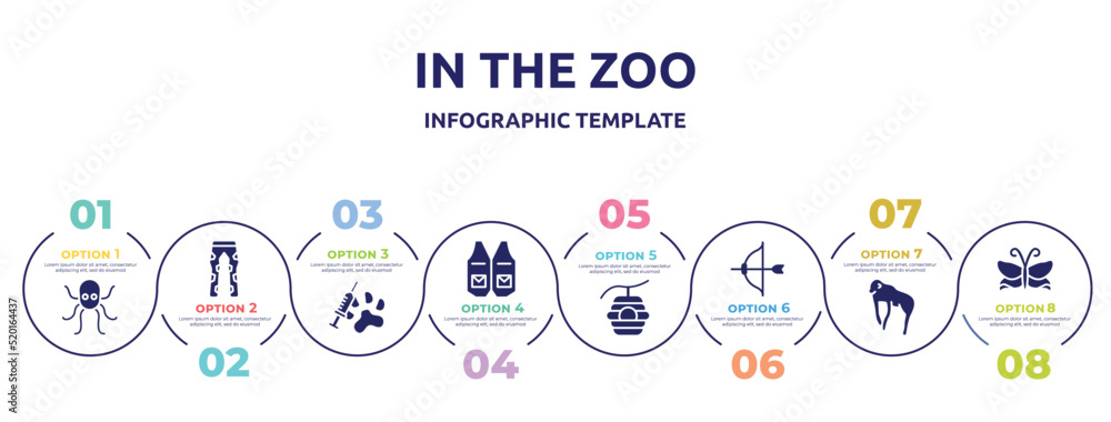 in the zoo concept infographic design template. included octopus, fatigue, vaccine, waistcoat, beehive, archery, chimpanzee, butterflies icons and 8 option or steps. in the zoo concept infographic design template. included octopus, fatigue, vaccine, waistcoat, beehive, archery, chimpanzee, butterflies icons and 8 option or steps.