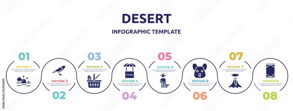 desert concept infographic design template. included sun, crow, picnic basket, food stand, cleaner, hamster, volcano, rug icons and 8 option or steps. desert concept infographic design template. included sun, crow, picnic basket, food stand, cleaner, hamster, volcano, rug icons and 8 option or steps.
