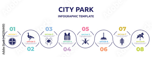 city park concept infographic design template. included crosshair, goose, opiliones, lifejacket, pond skater, rake, silverfish, rocking horse icons and 8 option or steps.