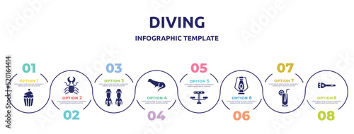 diving concept infographic design template. included cupcake, stag beetle, flippers, otter, picnic table, oil lamp, lemonade, flashlight icons and 8 option or steps.