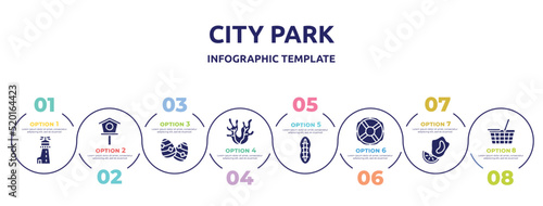 city park concept infographic design template. included lighthouse, birdhouse, easter egg, seaweed, plankton, lifebuoy, mussel, food basket icons and 8 option or steps.