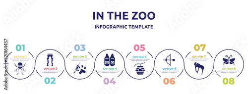 in the zoo concept infographic design template. included octopus, fatigue, vaccine, waistcoat, beehive, archery, chimpanzee, butterflies icons and 8 option or steps.