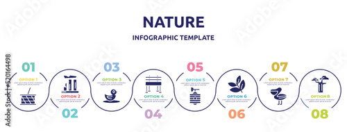 nature concept infographic design template. included picnic basket, relics, duck, bench, beehive, herb, pelican, baobab icons and 8 option or steps.